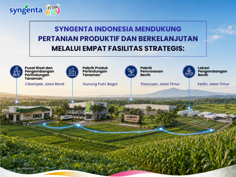 Spanduk dukungan pertanian produktif dan berkelanjutan di atas foto lahan hijau