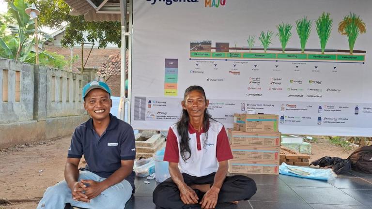 Dua petani duduk di lantai, di belakangnya papan grafik dan kotak-kotak.